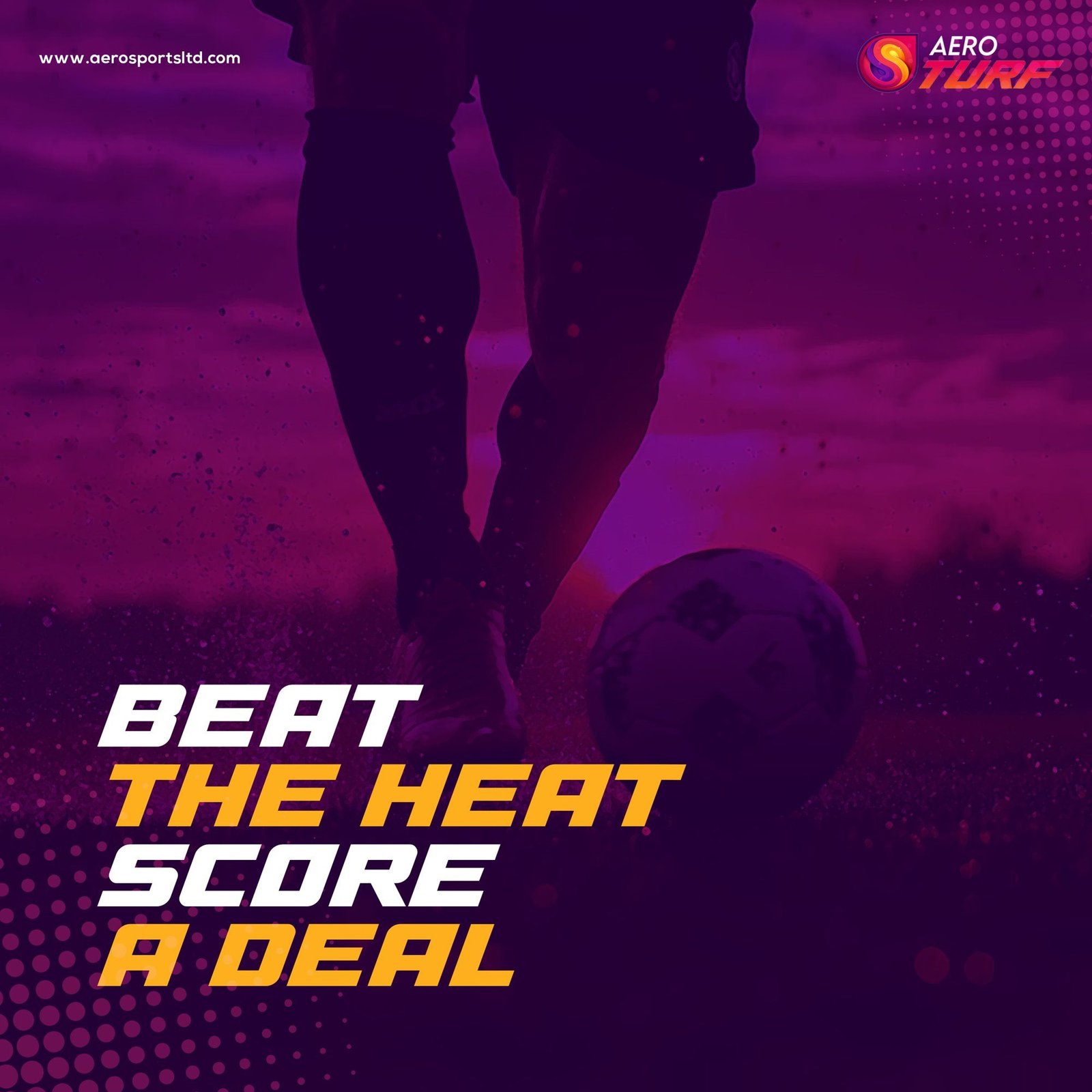 “Beat the heat, score a deal” offer post: a player’s silhouette and ball against a magenta sky.