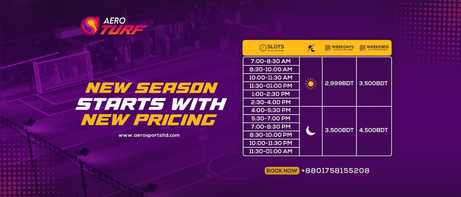 Wide cover: “New season starts with new pricing”, with a slot-by-slot table of weekday and weekend prices.