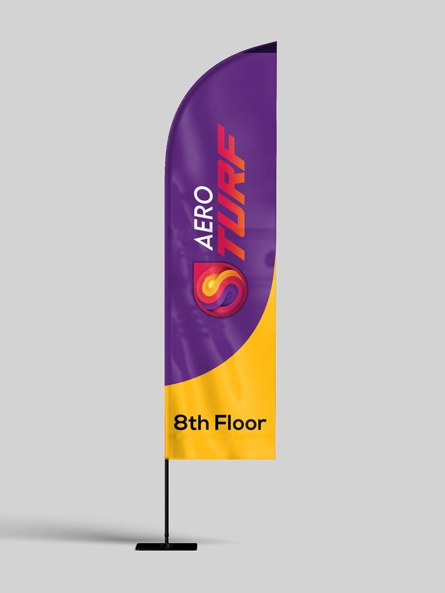 Mockup: the Aero Turf feather flag — purple, with the logo running vertically and “8th Floor” on a yellow base — standing on its pole.