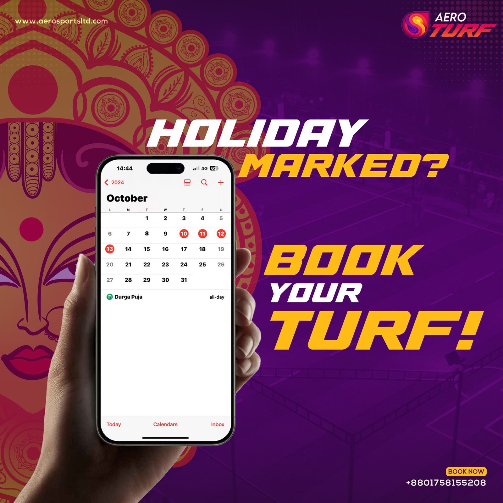 Durga Puja post: a hand holds a phone calendar with the holidays marked — “Holiday marked? Book your turf!”