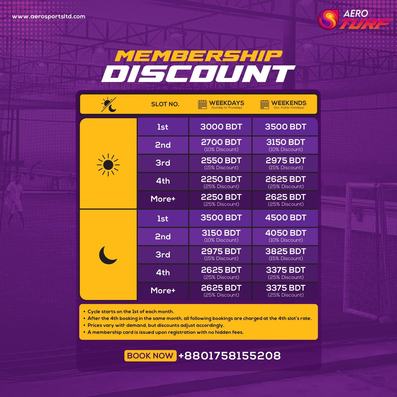 Membership Discount post: a day and night pricing table with stepped discounts by booking count.