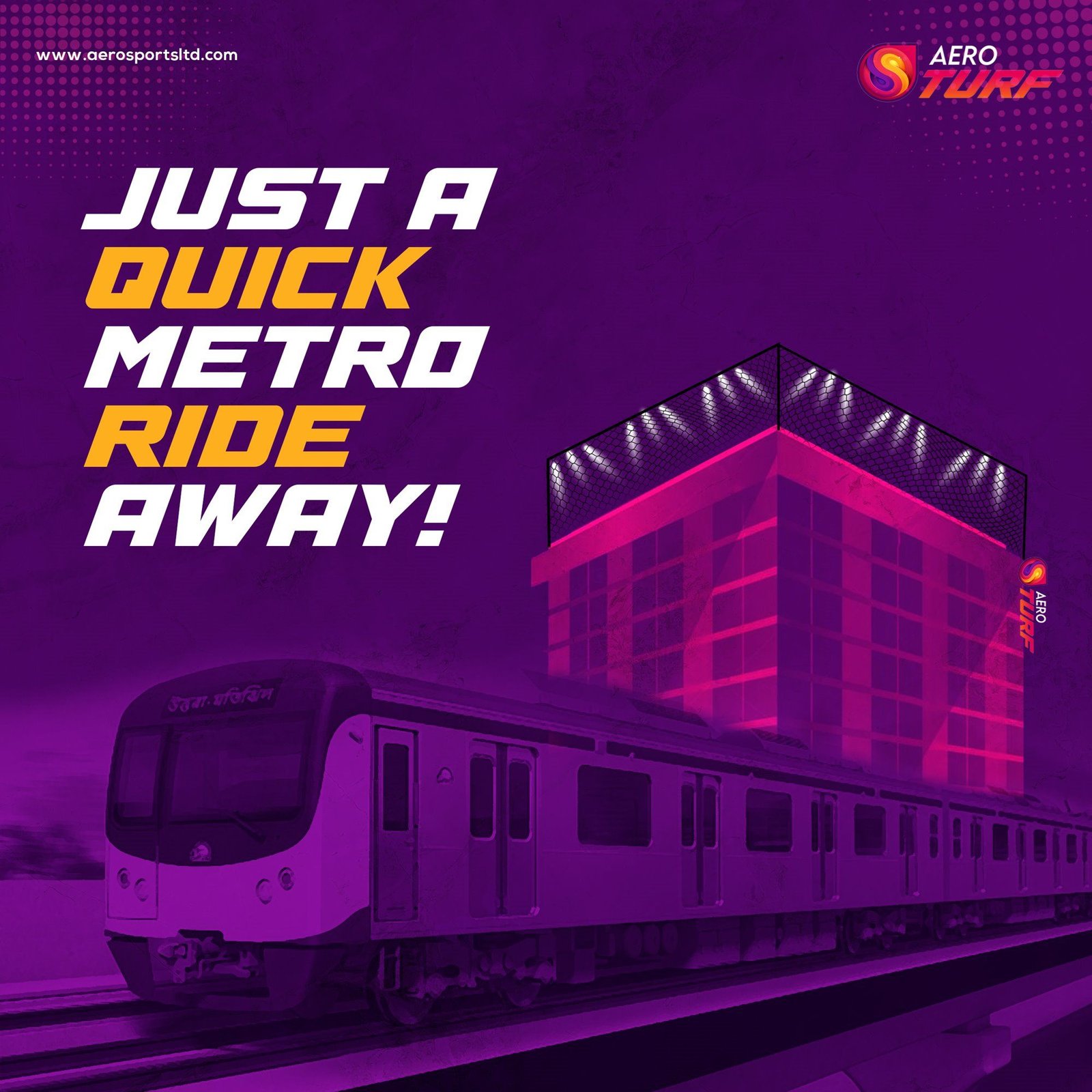 “Just a quick metro ride away!” post: a metro train passing the lit building with the rooftop pitch on top.