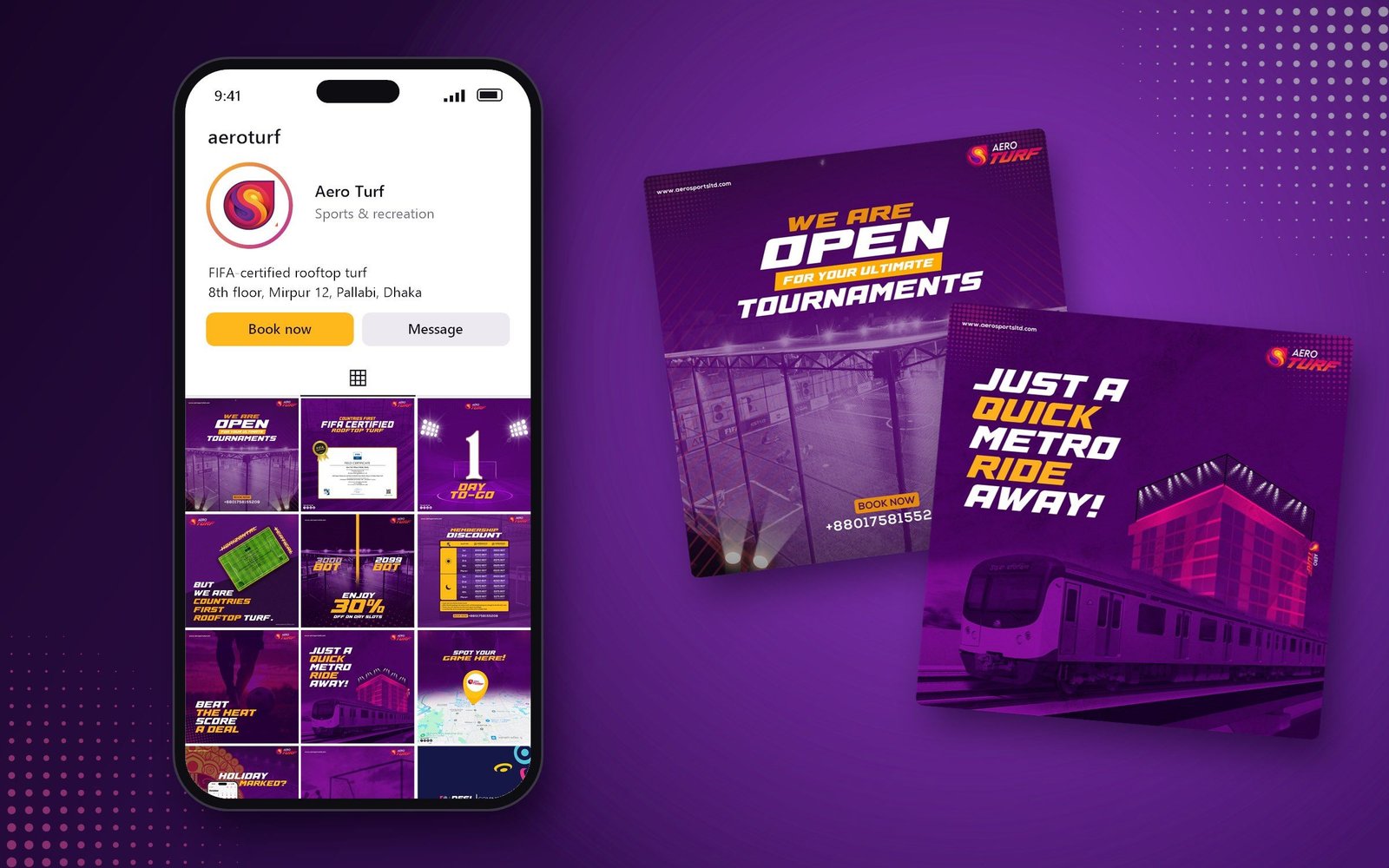 Mockup: the Aero Turf profile on a phone, its grid of purple match-night posts, with the “We are open” and “Just a quick metro ride away!” posts floating beside it.