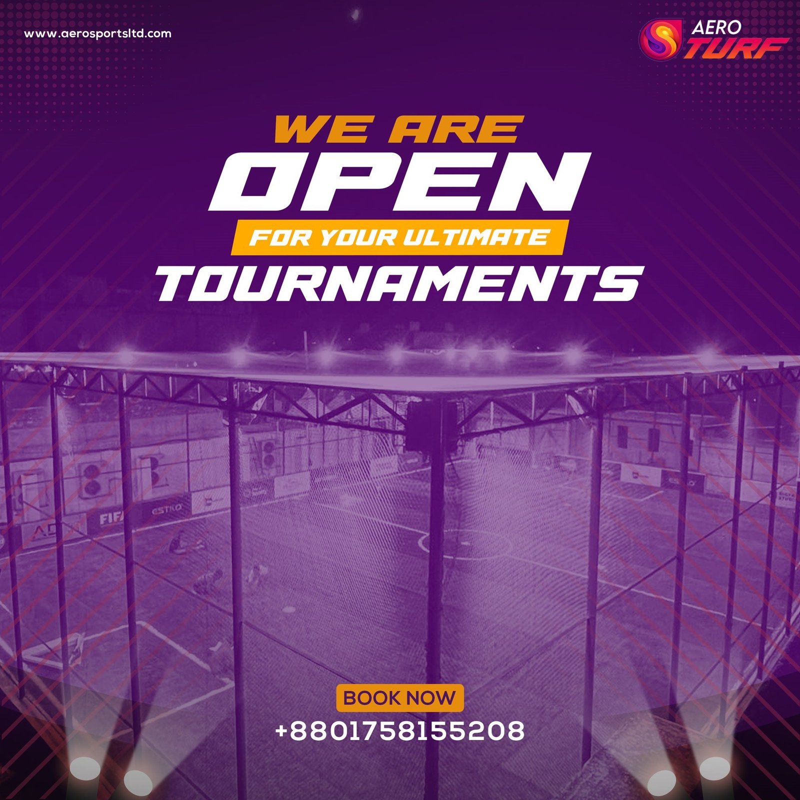 “We are open for your ultimate tournaments” post over the floodlit rooftop pitch, with a Book Now number.