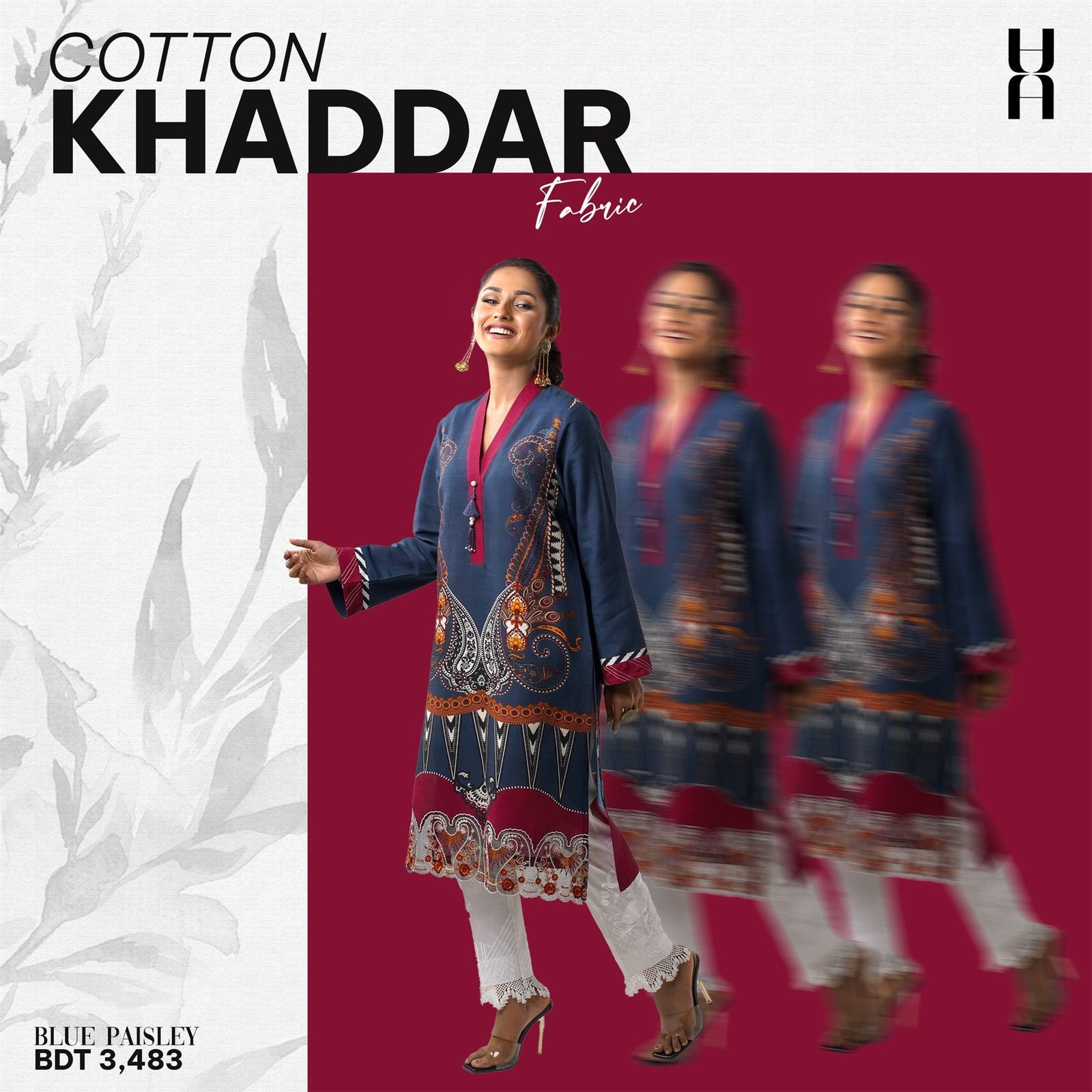 Cotton Khaddar product post: a smiling model in a blue paisley kameez with motion-blur echoes on crimson.