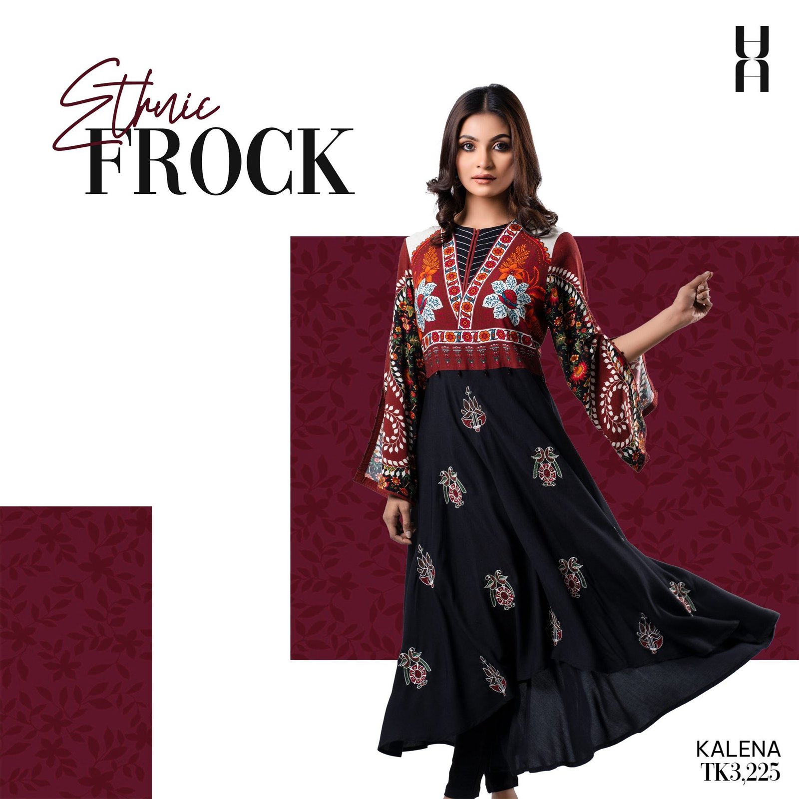 Ethnic Frock product post: a model mid-turn in a black frock with a printed yoke, on oxblood floral blocks.