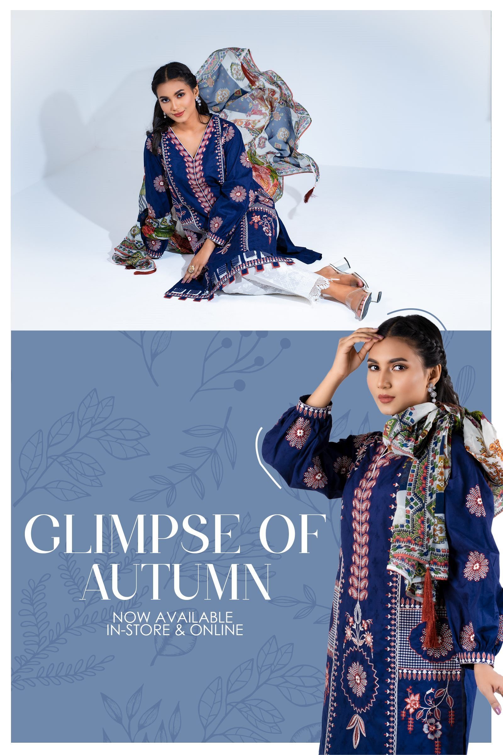 Glimpse of Autumn, vertical story format: a navy embroidered outfit across two stacked frames.