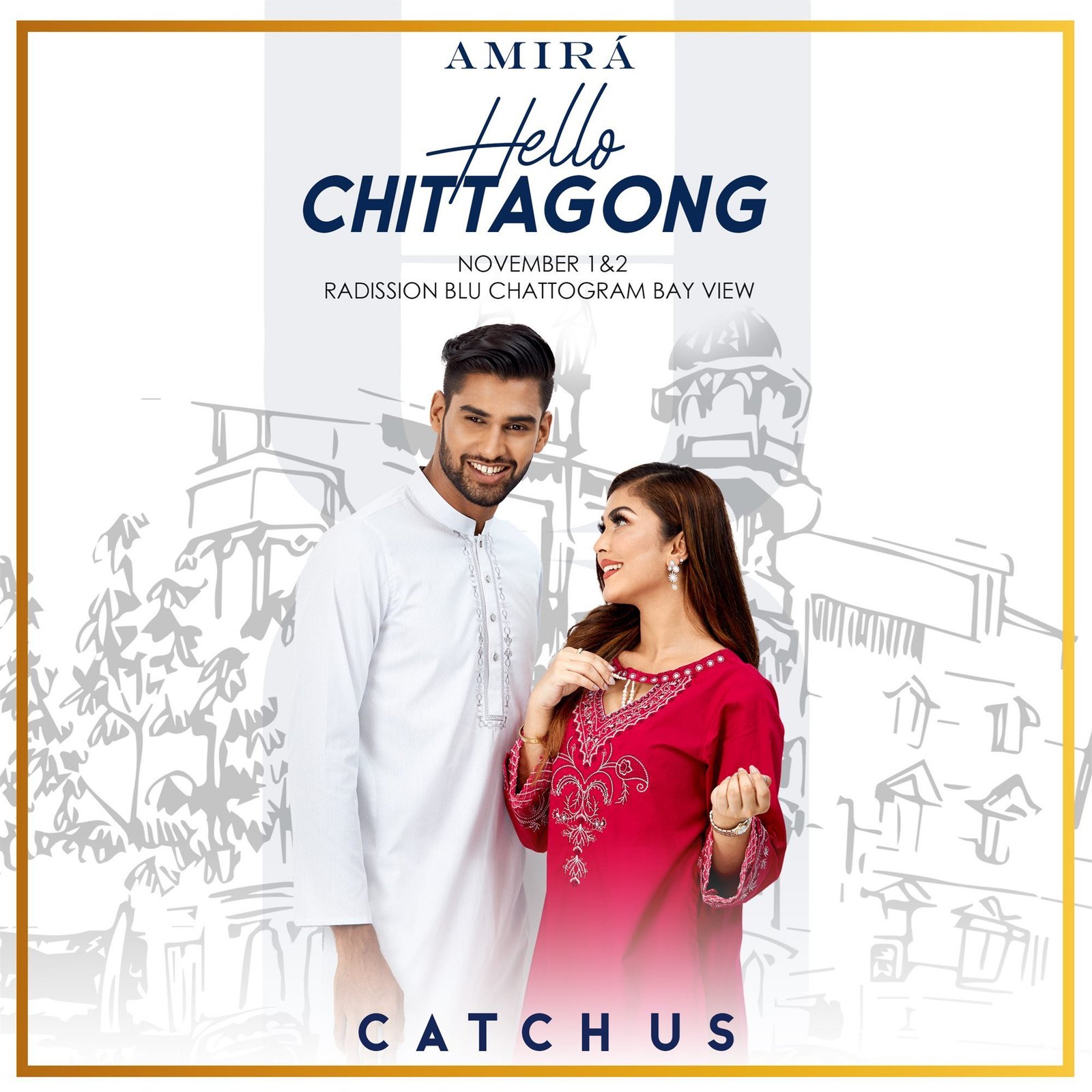 Hello Chittagong event post: a couple in white and red before a sketched cityscape, November 1 & 2 at Radisson Blu Chattogram Bay View.