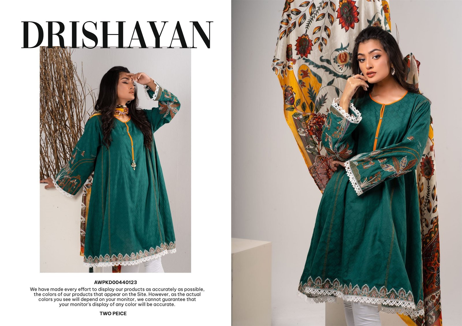 Lookbook spread “Drishayan”: a teal embroidered two-piece shown full length and in a draped close-up.