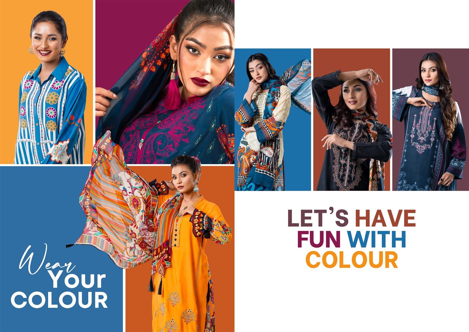 Rongila Vol. II lookbook spread: “Wear your colour” and “Let’s have fun with colour” — models in printed winter two-pieces on colour-blocked panels.