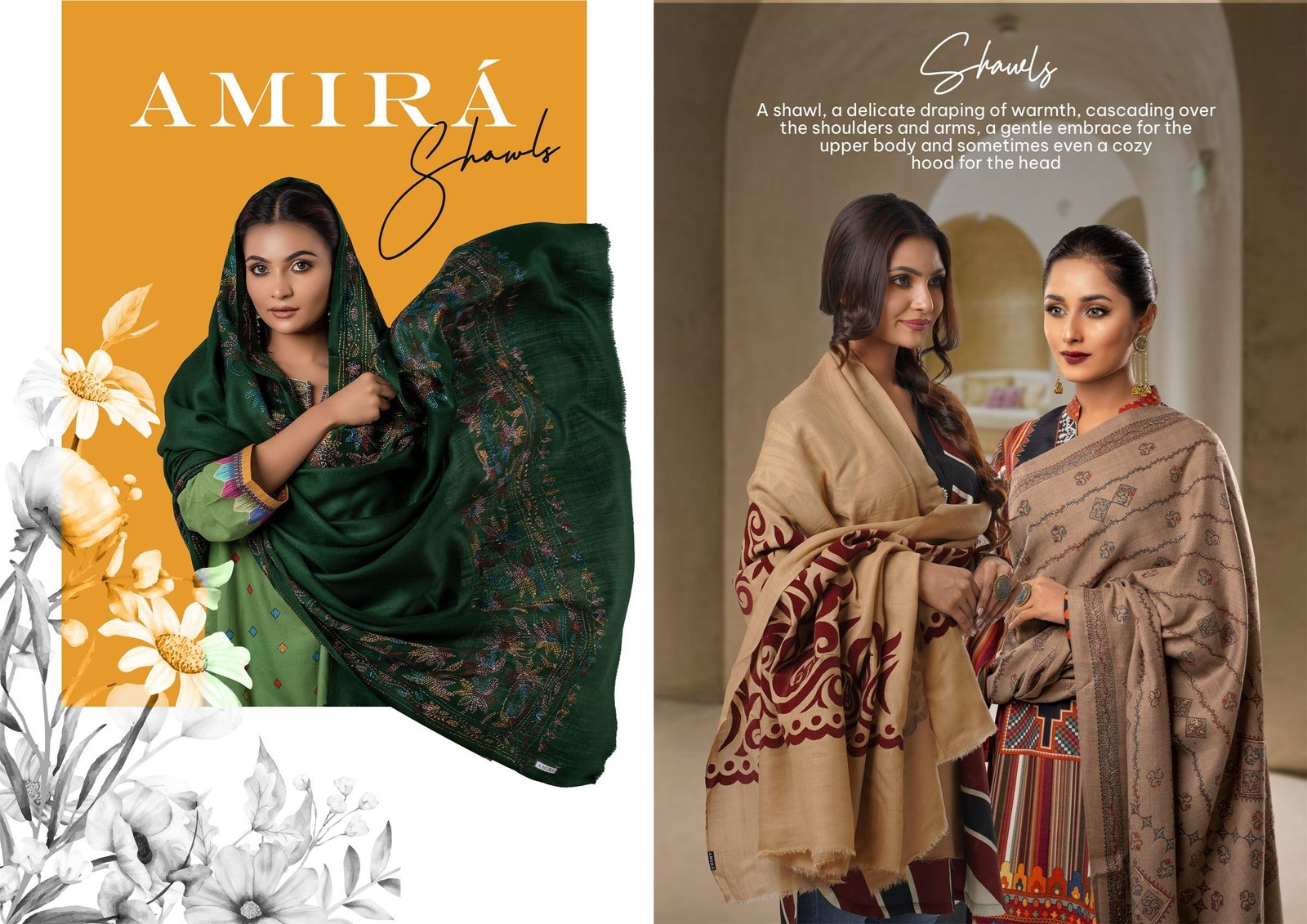 Lookbook spread “Amirá Shawls”: an embroidered green shawl on mustard, and two models in patterned shawls.