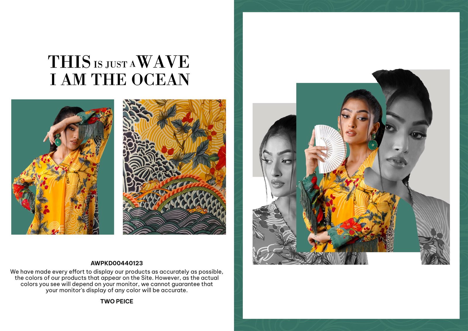 Lookbook spread “This is just a wave, I am the ocean”: a yellow wave-print outfit, a print detail and a black-and-white collage.