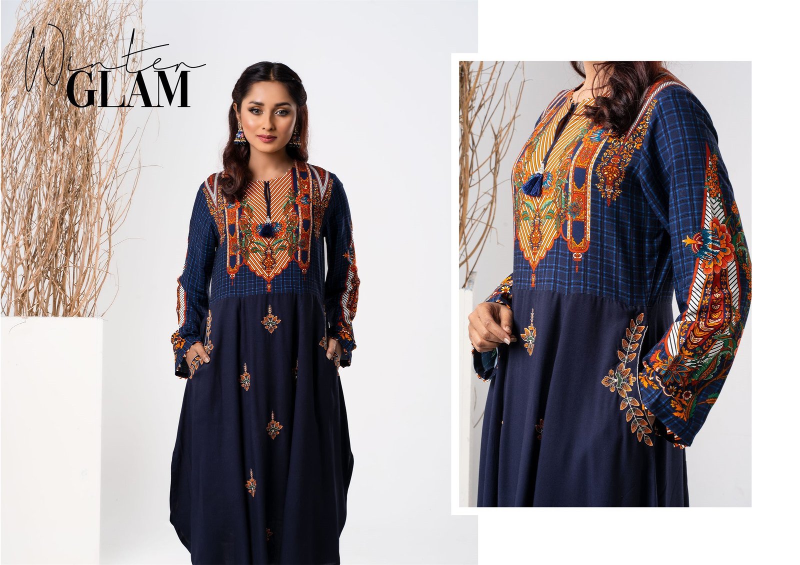Lookbook spread “Winter Glam”: a navy and orange printed frock in full length and detail.