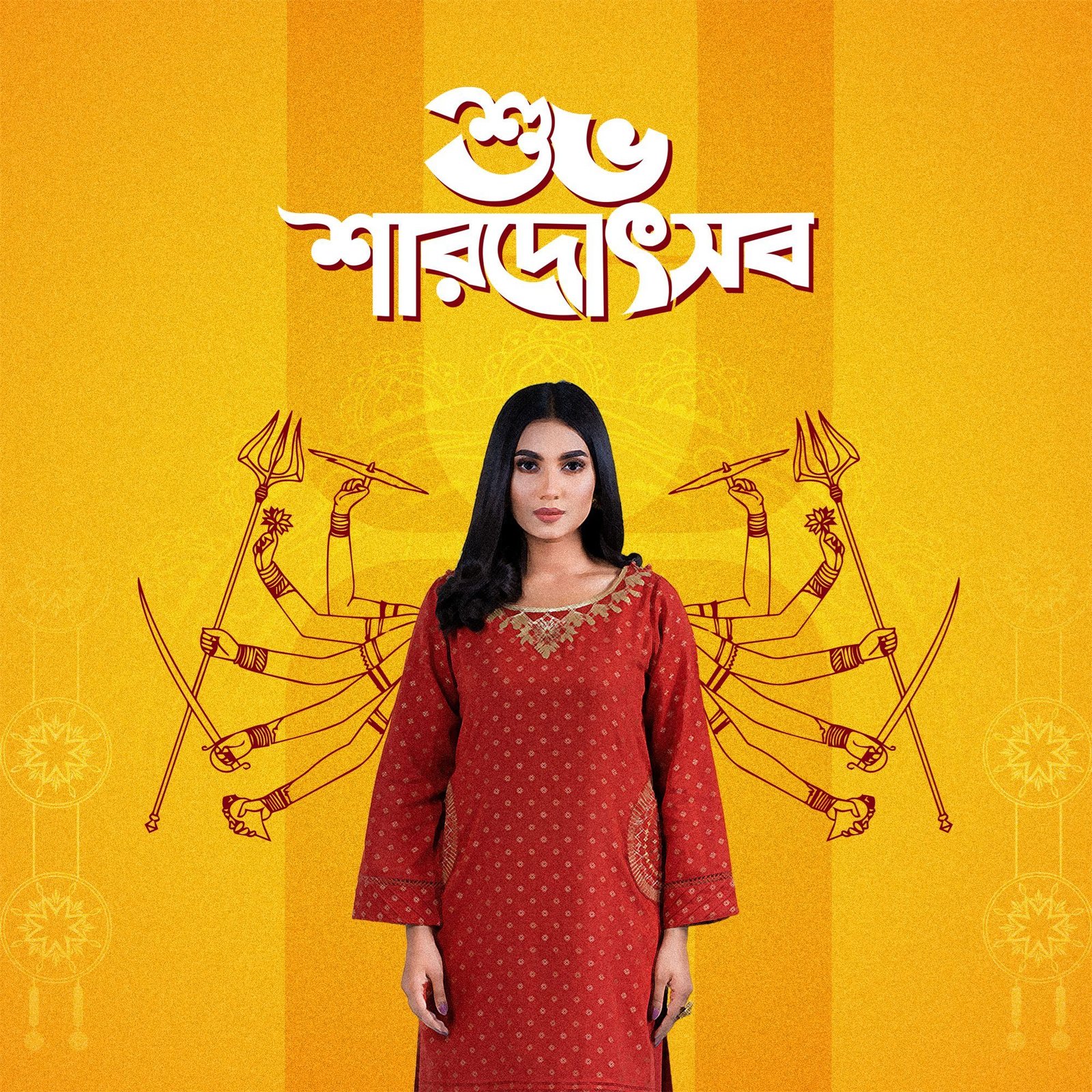 Shubho Sharodotsob greeting: a model in red framed by line-drawn arms of Durga on a saffron field.
