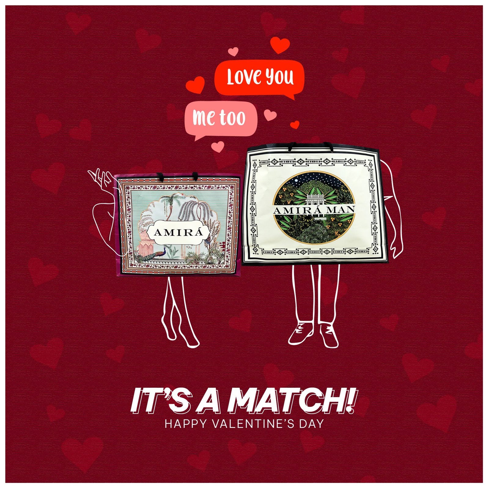 Valentine’s Day post “It’s a match!”: the AMIRÁ and AMIRÁ MAN shopping bags drawn as a couple.