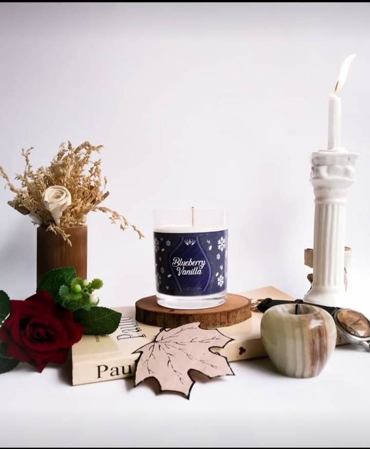 Blueberry Vanilla candle: a navy label with white snowflakes, styled on a book with a rose and a column candle.