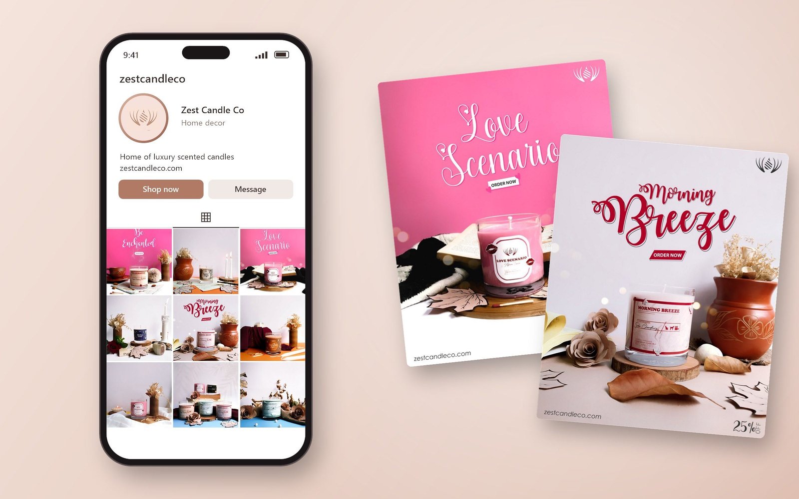 Mockup: the Zest Candle Co profile on a phone — a grid of launch posts and labelled jars — with the Love Scenario and Morning Breeze posts beside it.