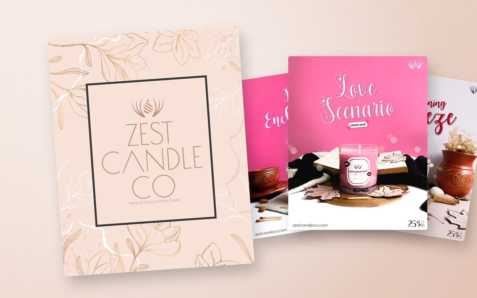Mockup: the Zest Candle Co logo card — blush, copper florals, framed wordmark — beside three fanned launch posts: Be Enchanted, Love Scenario and Morning Breeze.