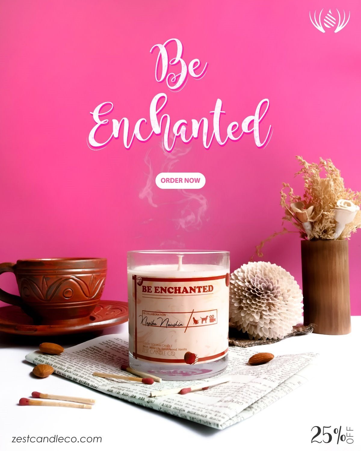 Be Enchanted launch post: the candle on newspaper with a terracotta cup and dried flowers, the scent name in a white script on hot pink.