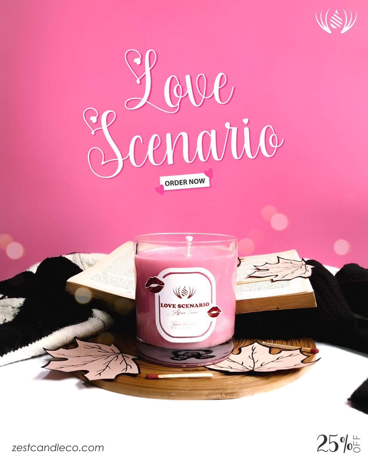 Love Scenario launch post: the pink candle on an open book, the scent name in a looping script with hearts.